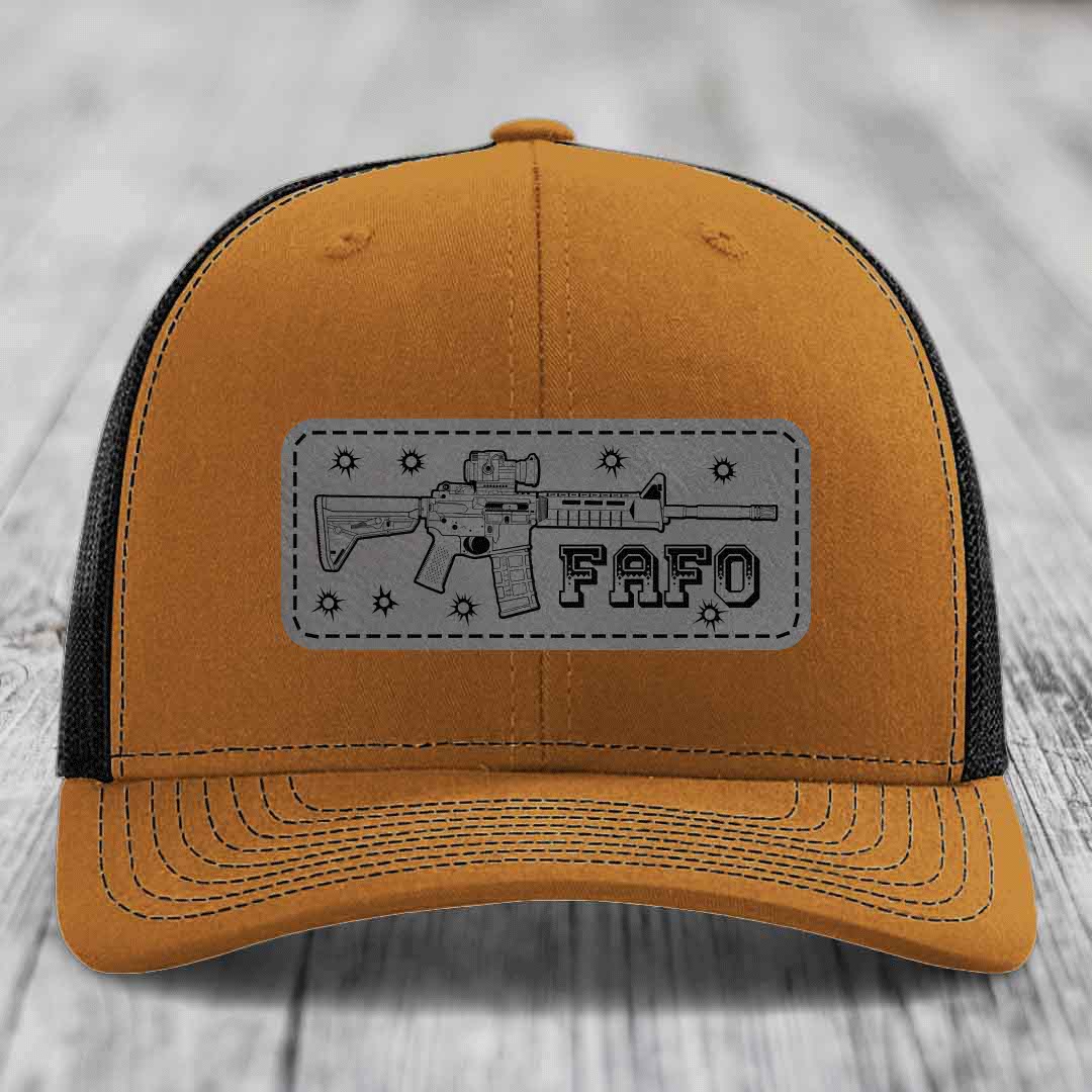 Ar15 Fafo - Leather Patch Hat - Grey to Black Patch - Richardson 112 Snapback Trucker Hat