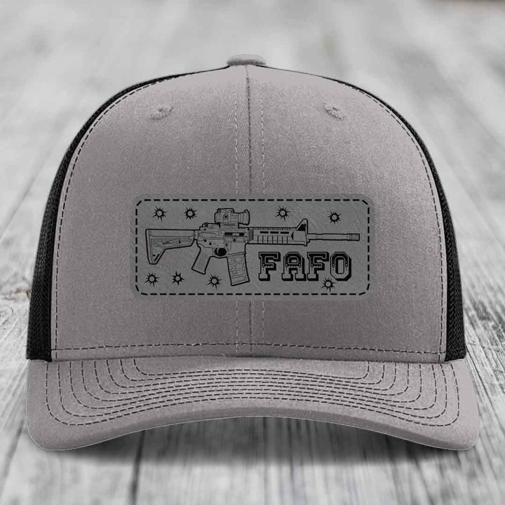 Ar15 Fafo - Leather Patch Hat - Grey to Black Patch - Richardson 112 Snapback Trucker Hat