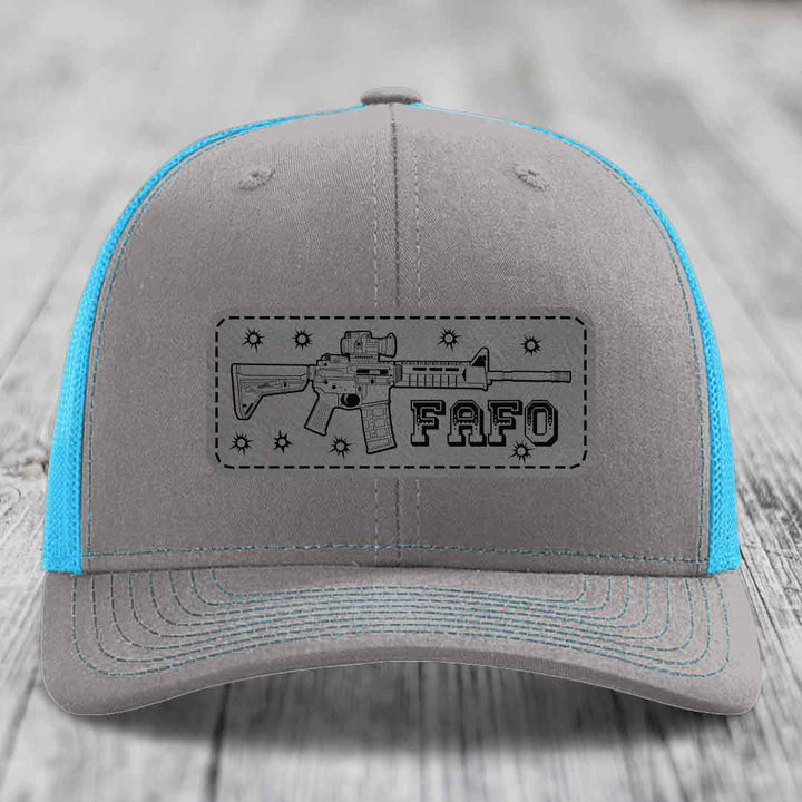 Ar15 Fafo - Leather Patch Hat - Grey to Black Patch - Richardson 112 Snapback Trucker Hat