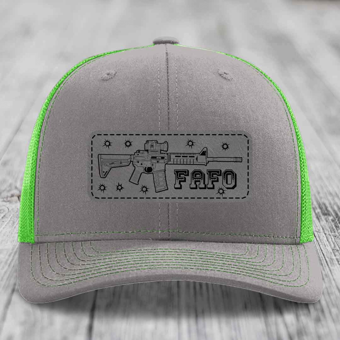 Ar15 Fafo - Leather Patch Hat - Grey to Black Patch - Richardson 112 Snapback Trucker Hat
