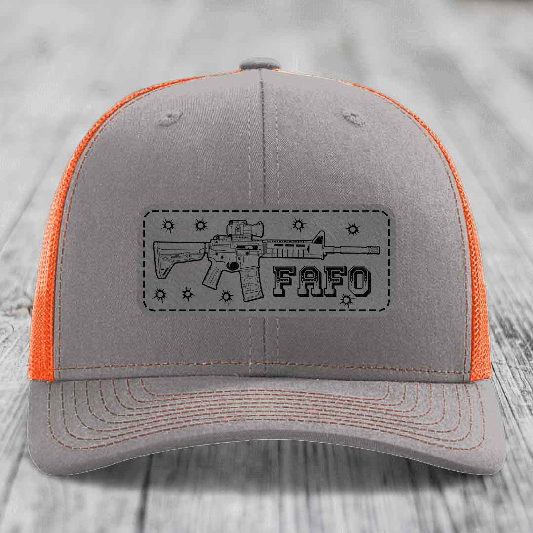 Ar15 Fafo - Leather Patch Hat - Grey to Black Patch - Richardson 112 Snapback Trucker Hat