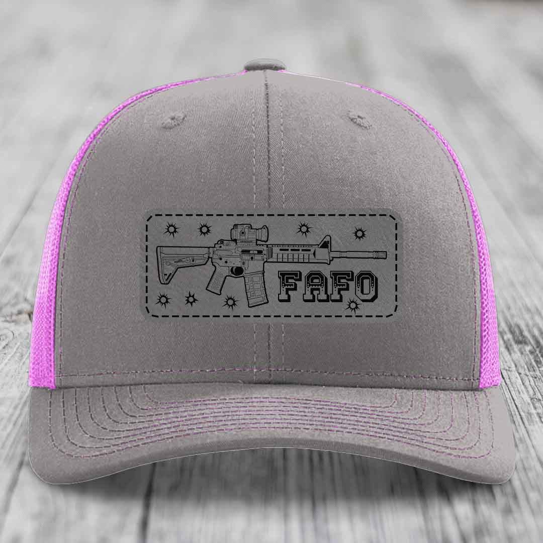 Ar15 Fafo - Leather Patch Hat - Grey to Black Patch - Richardson 112 Snapback Trucker Hat