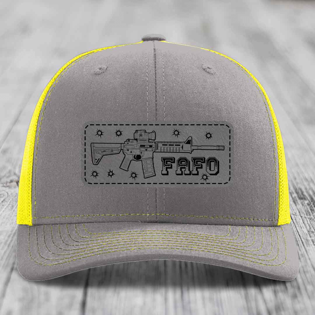Ar15 Fafo - Leather Patch Hat - Grey to Black Patch - Richardson 112 Snapback Trucker Hat