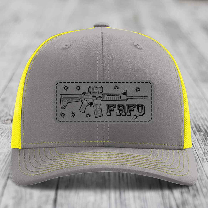 Ar15 Fafo - Leather Patch Hat - Grey to Black Patch - Richardson 112 Snapback Trucker Hat