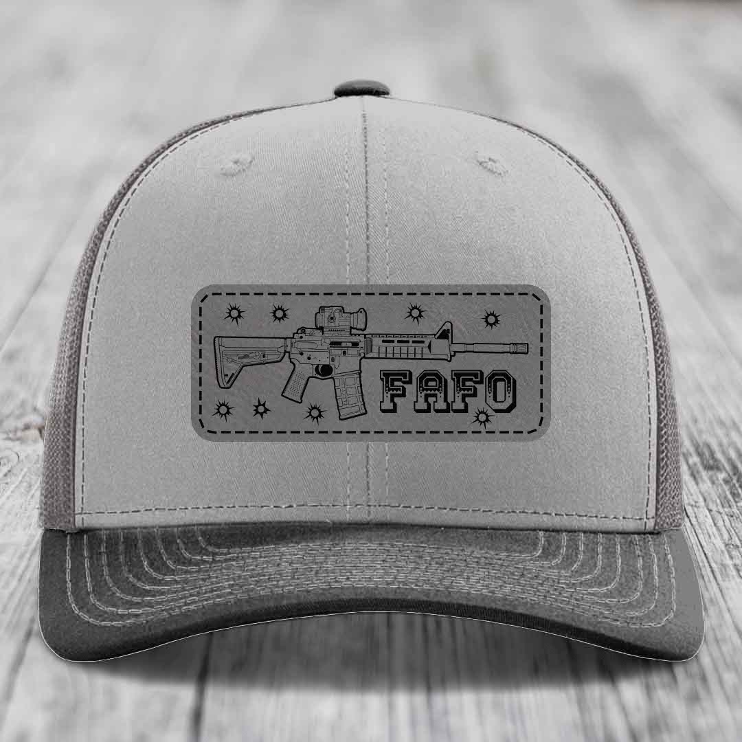 Ar15 Fafo - Leather Patch Hat - Grey to Black Patch - Richardson 112 Snapback Trucker Hat