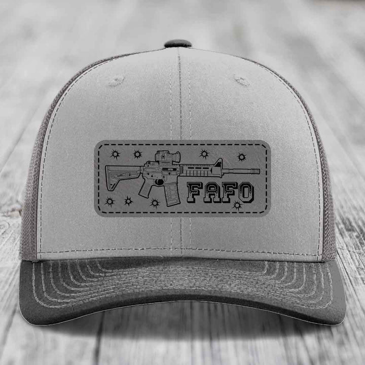 Ar15 Fafo - Leather Patch Hat - Grey to Black Patch - Richardson 112 Snapback Trucker Hat