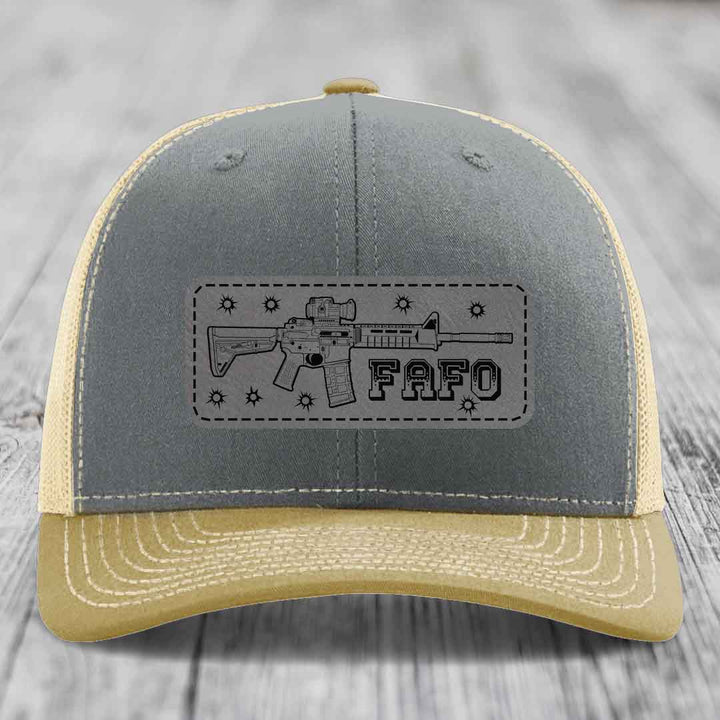 Ar15 Fafo - Leather Patch Hat - Grey to Black Patch - Richardson 112 Snapback Trucker Hat