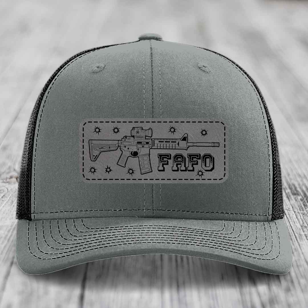 Ar15 Fafo - Leather Patch Hat - Grey to Black Patch - Richardson 112 Snapback Trucker Hat