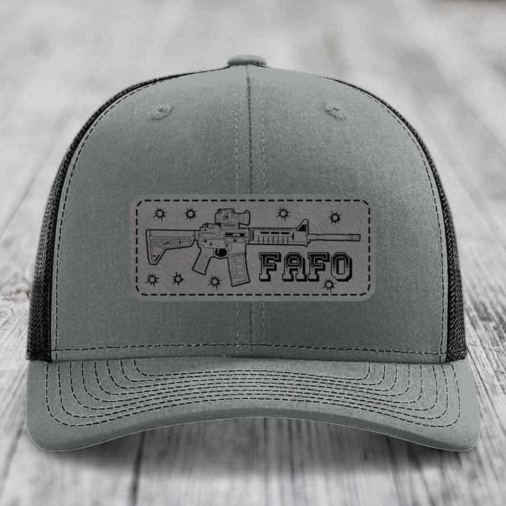 Ar15 Fafo - Leather Patch Hat - Grey to Black Patch - Richardson 112 Snapback Trucker Hat