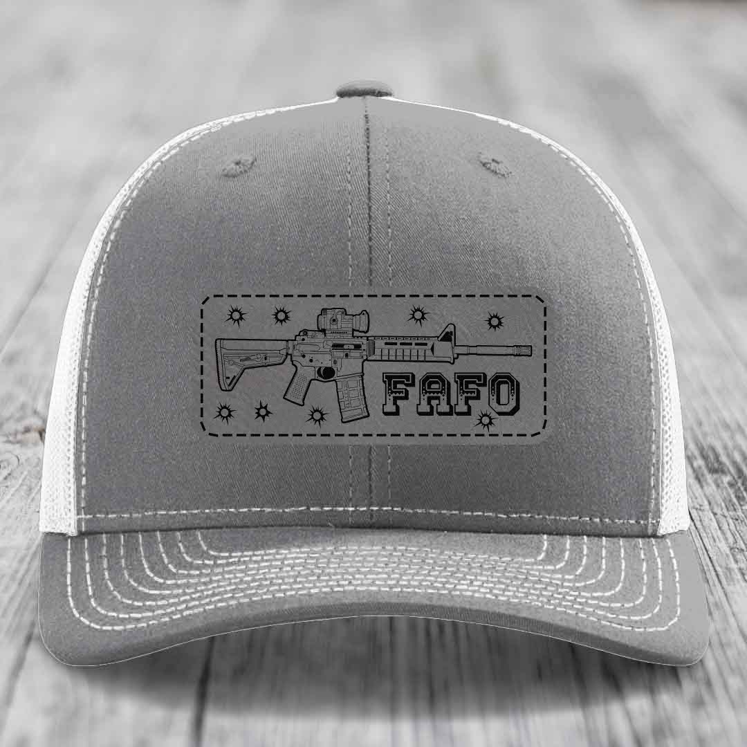 Ar15 Fafo - Leather Patch Hat - Grey to Black Patch - Richardson 112 Snapback Trucker Hat