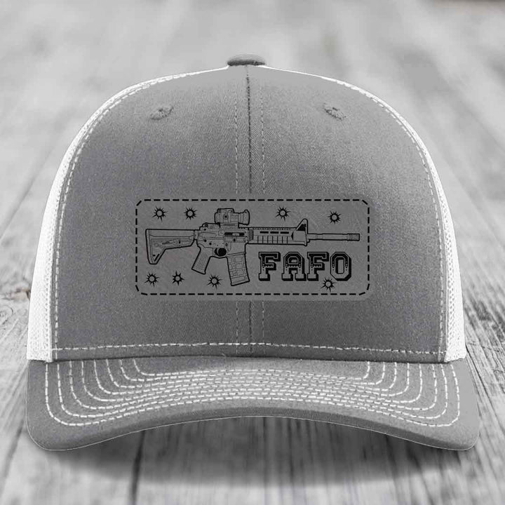 Ar15 Fafo - Leather Patch Hat - Grey to Black Patch - Richardson 112 Snapback Trucker Hat