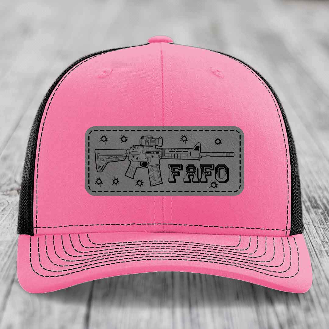 Ar15 Fafo - Leather Patch Hat - Grey to Black Patch - Richardson 112 Snapback Trucker Hat
