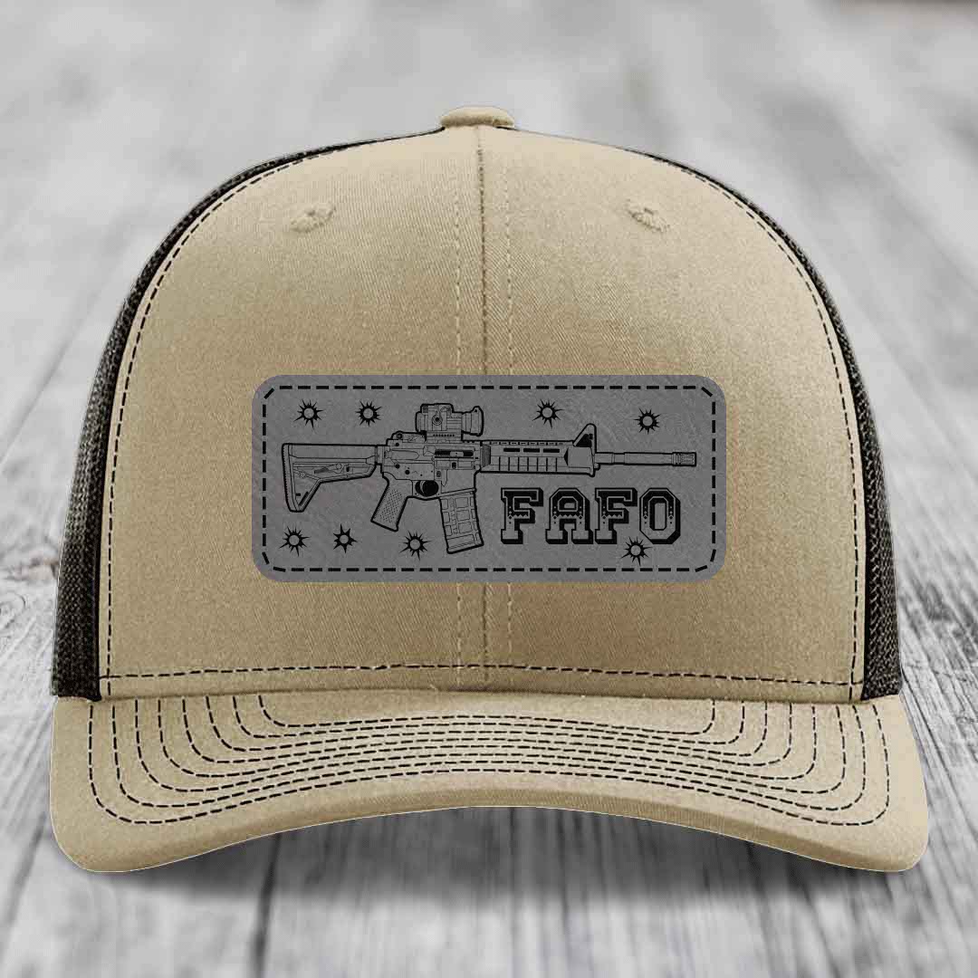 Ar15 Fafo - Leather Patch Hat - Grey to Black Patch - Richardson 112 Snapback Trucker Hat