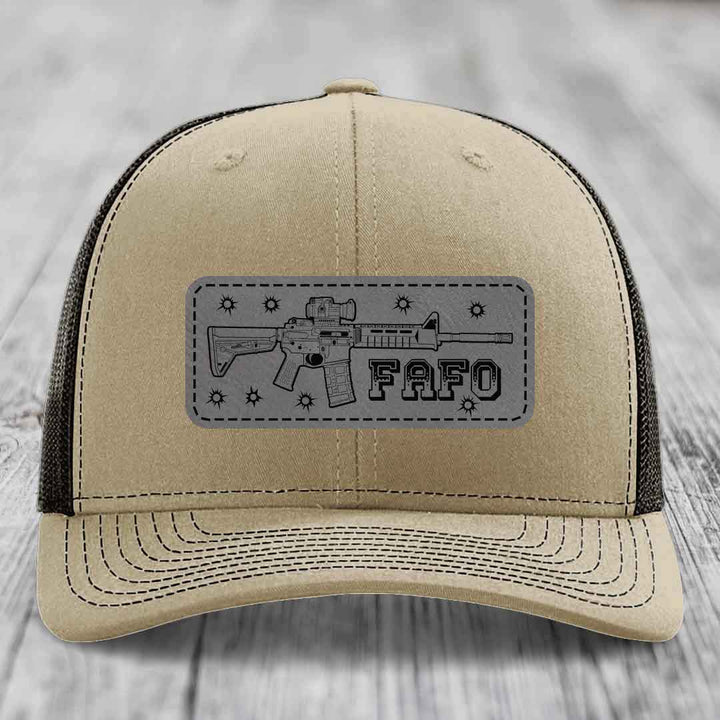 Ar15 Fafo - Leather Patch Hat - Grey to Black Patch - Richardson 112 Snapback Trucker Hat