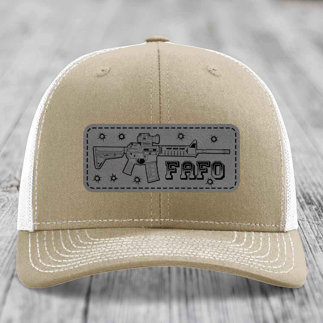 Ar15 Fafo - Leather Patch Hat - Grey to Black Patch - Richardson 112 Snapback Trucker Hat