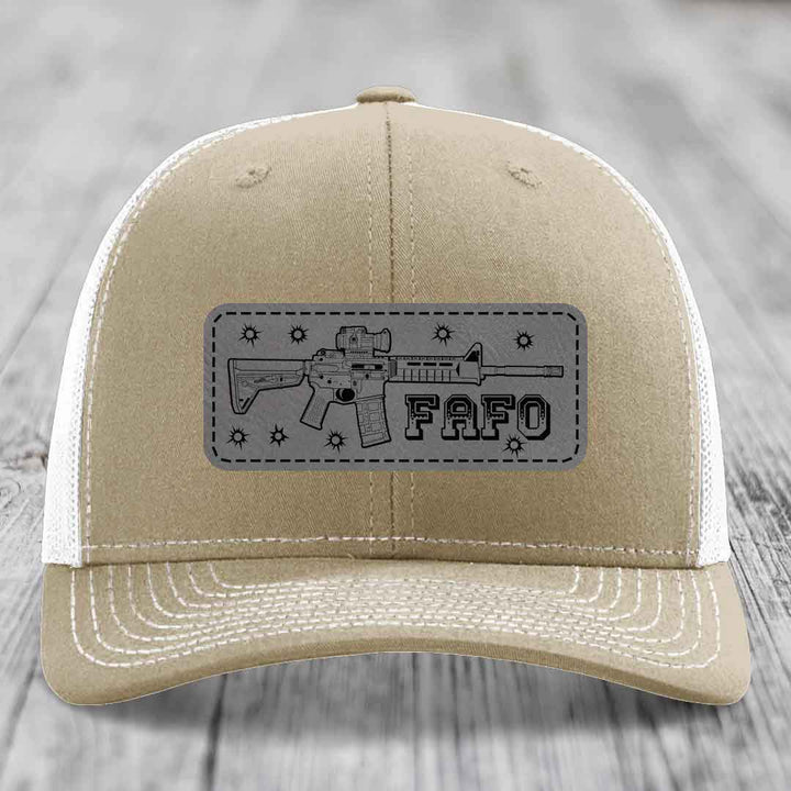 Ar15 Fafo - Leather Patch Hat - Grey to Black Patch - Richardson 112 Snapback Trucker Hat