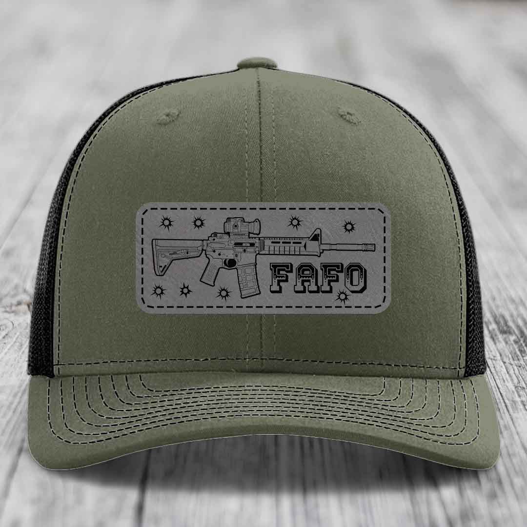 Ar15 Fafo - Leather Patch Hat - Grey to Black Patch - Richardson 112 Snapback Trucker Hat