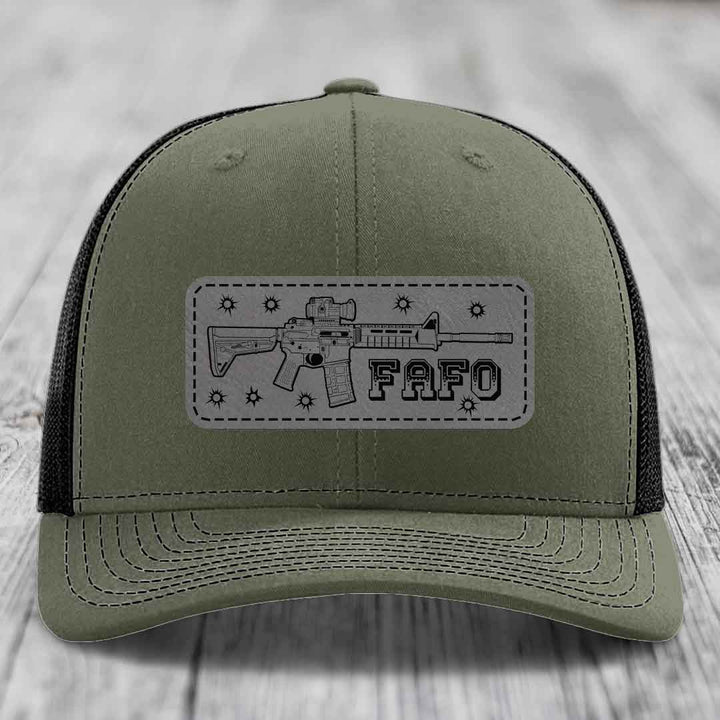 Ar15 Fafo - Leather Patch Hat - Grey to Black Patch - Richardson 112 Snapback Trucker Hat