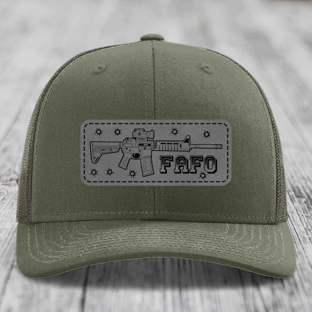 Ar15 Fafo - Leather Patch Hat - Grey to Black Patch - Richardson 112 Snapback Trucker Hat
