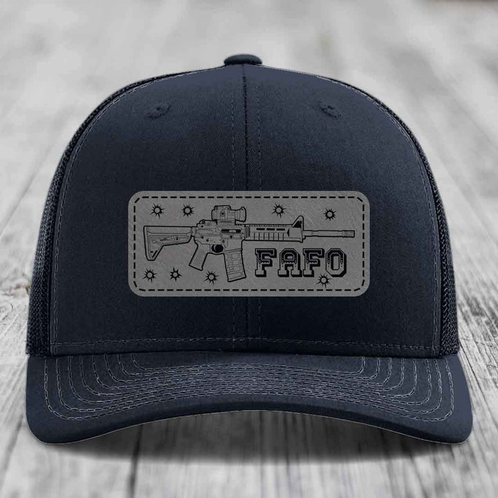 Ar15 Fafo - Leather Patch Hat - Grey to Black Patch - Richardson 112 Snapback Trucker Hat