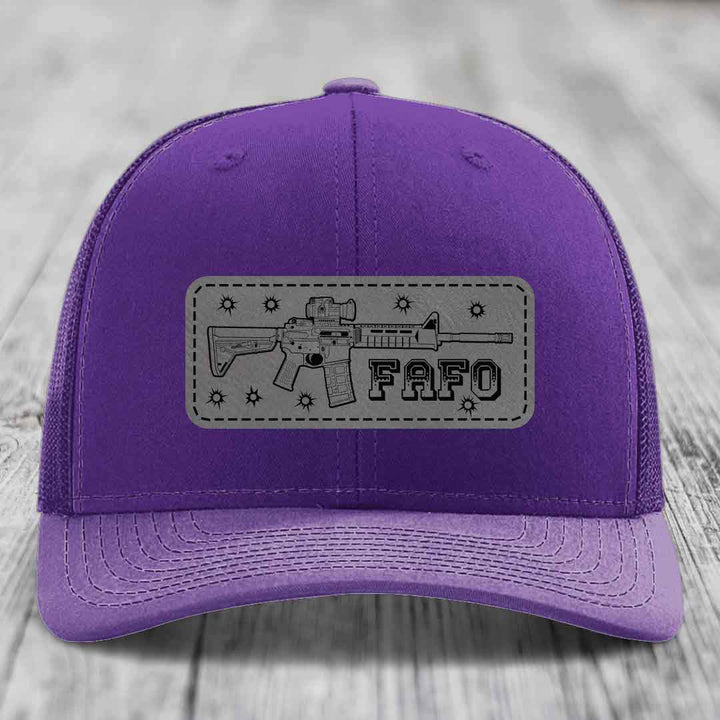 Ar15 Fafo - Leather Patch Hat - Grey to Black Patch - Richardson 112 Snapback Trucker Hat