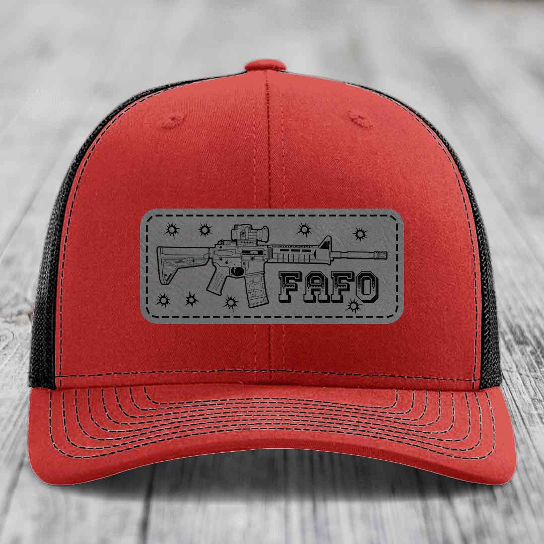 Ar15 Fafo - Leather Patch Hat - Grey to Black Patch - Richardson 112 Snapback Trucker Hat