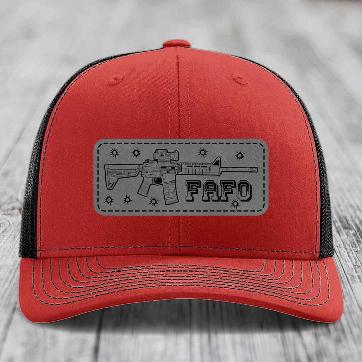 Ar15 Fafo - Leather Patch Hat - Grey to Black Patch - Richardson 112 Snapback Trucker Hat