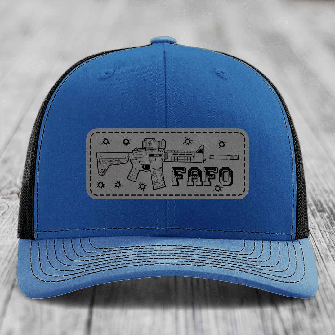 Ar15 Fafo - Leather Patch Hat - Grey to Black Patch - Richardson 112 Snapback Trucker Hat