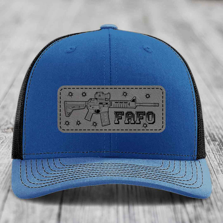 Ar15 Fafo - Leather Patch Hat - Grey to Black Patch - Richardson 112 Snapback Trucker Hat