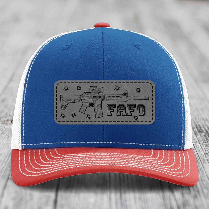 Ar15 Fafo - Leather Patch Hat - Grey to Black Patch - Richardson 112 Snapback Trucker Hat