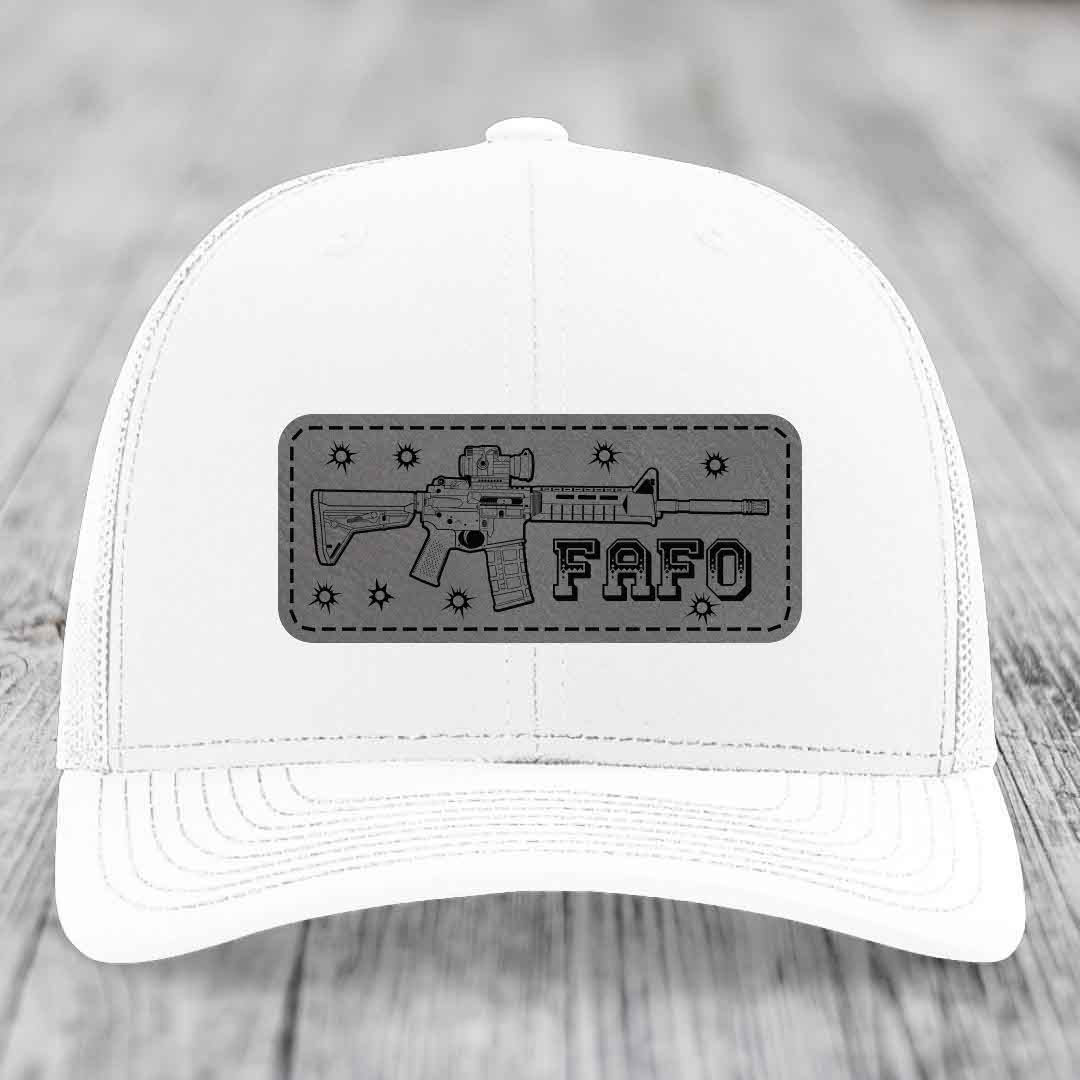 Ar15 Fafo - Leather Patch Hat - Grey to Black Patch - Richardson 112 Snapback Trucker Hat