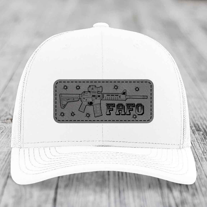 Ar15 Fafo - Leather Patch Hat - Grey to Black Patch - Richardson 112 Snapback Trucker Hat