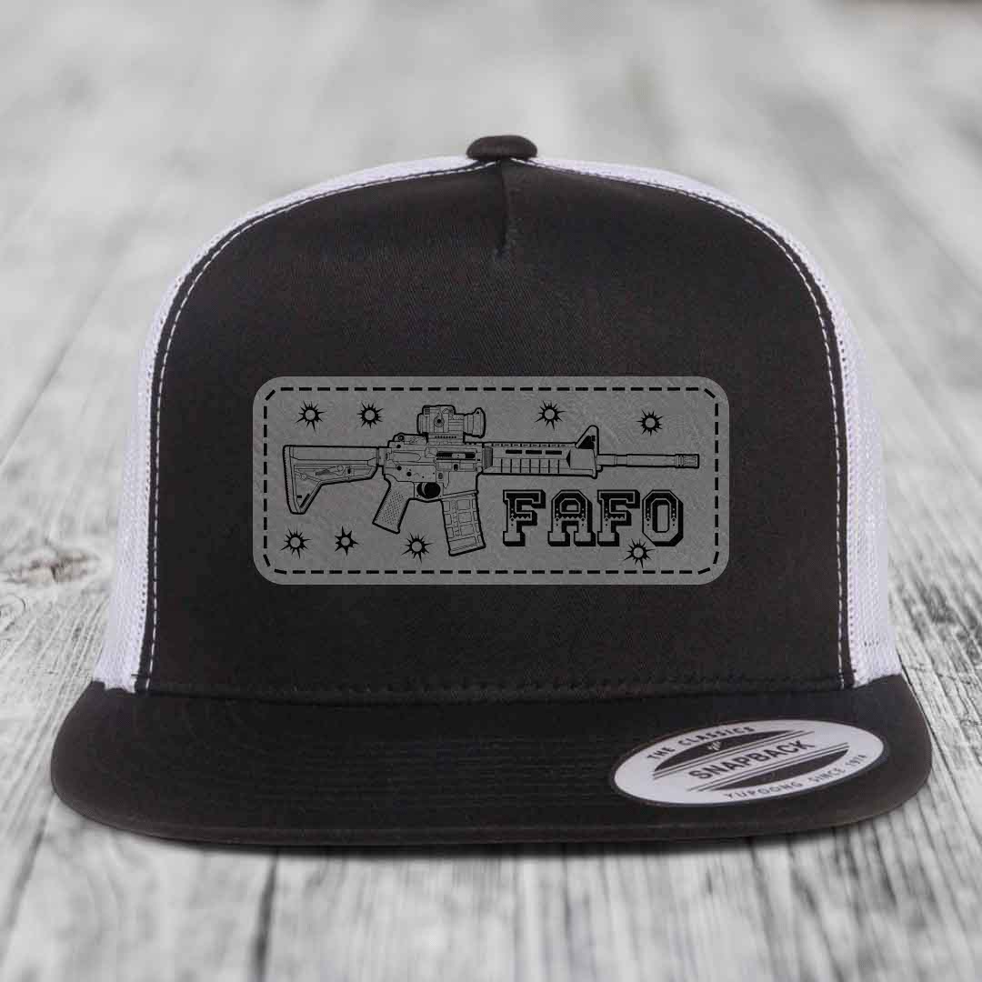 Ar15 Fafo - Leather Patch Hat - Grey to Black Patch - Yupoong 6006 Snapback Flatbill Hat