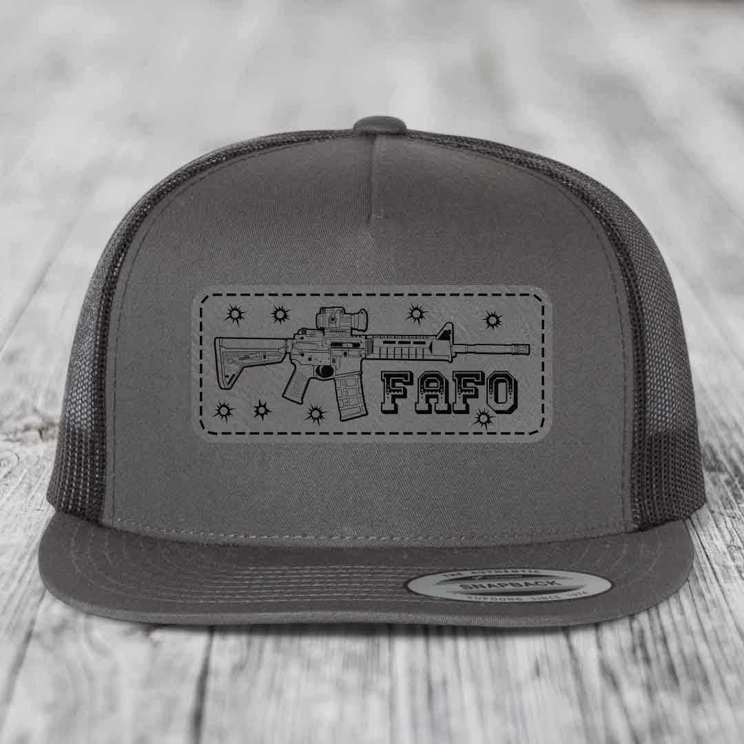 Ar15 Fafo - Leather Patch Hat - Grey to Black Patch - Yupoong 6006 Snapback Flatbill Hat