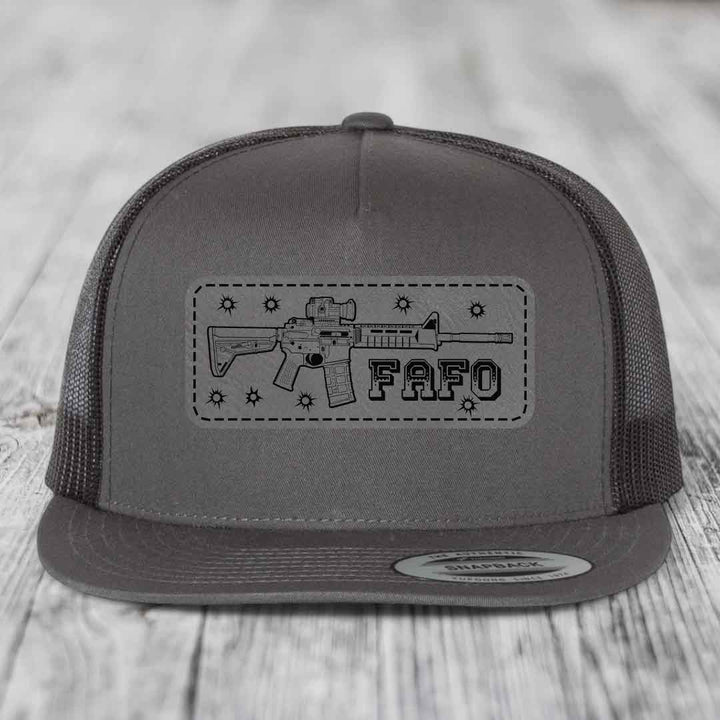 Ar15 Fafo - Leather Patch Hat - Grey to Black Patch - Yupoong 6006 Snapback Flatbill Hat