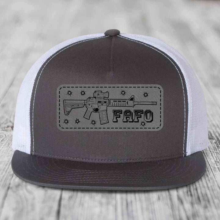 Ar15 Fafo - Leather Patch Hat - Grey to Black Patch - Yupoong 6006 Snapback Flatbill Hat