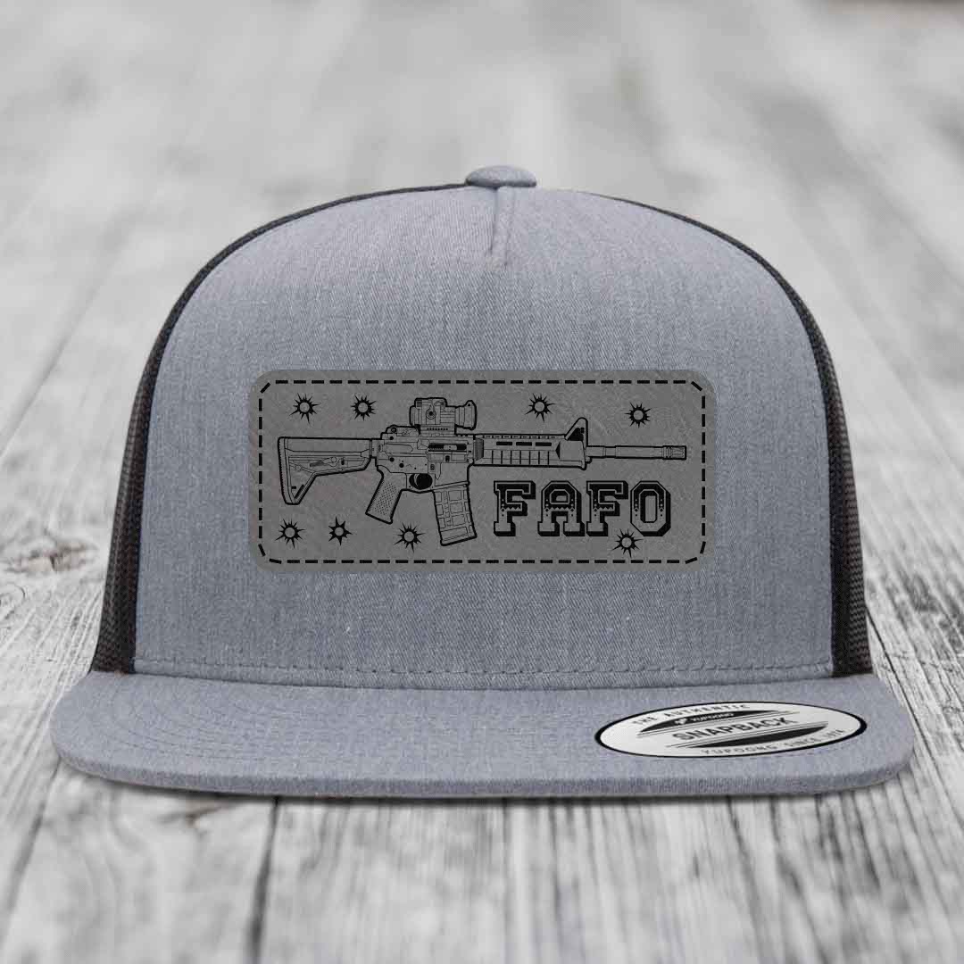 Ar15 Fafo - Leather Patch Hat - Grey to Black Patch - Yupoong 6006 Snapback Flatbill Hat