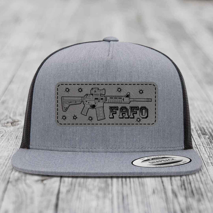 Ar15 Fafo - Leather Patch Hat - Grey to Black Patch - Yupoong 6006 Snapback Flatbill Hat