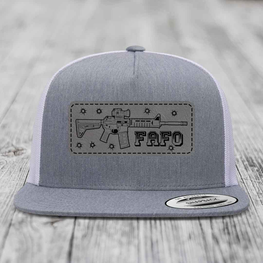 Ar15 Fafo - Leather Patch Hat - Grey to Black Patch - Yupoong 6006 Snapback Flatbill Hat