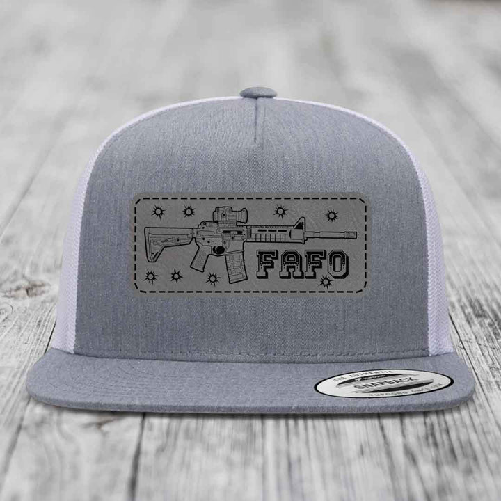 Ar15 Fafo - Leather Patch Hat - Grey to Black Patch - Yupoong 6006 Snapback Flatbill Hat
