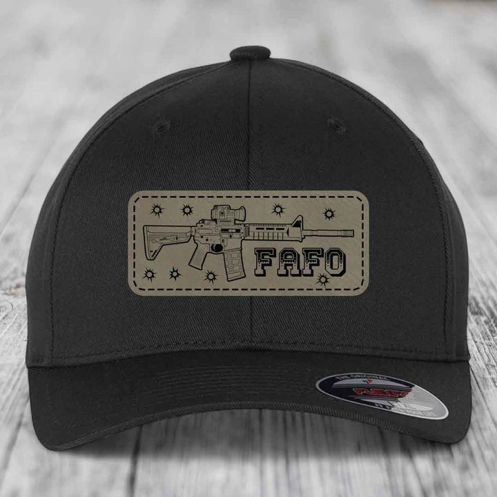 Ar15 Fafo - Leather Patch Hat - Light Brown to Black Patch - Flexfit 6277 Fitted Hat