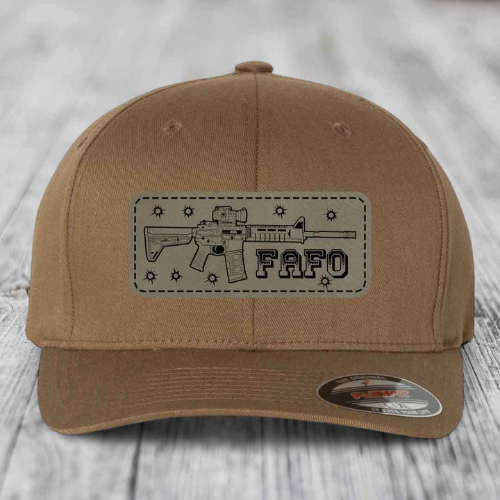 Ar15 Fafo - Leather Patch Hat - Light Brown to Black Patch - Flexfit 6277 Fitted Hat