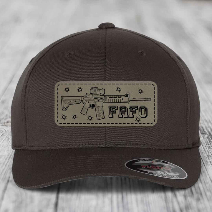 Ar15 Fafo - Leather Patch Hat - Light Brown to Black Patch - Flexfit 6277 Fitted Hat