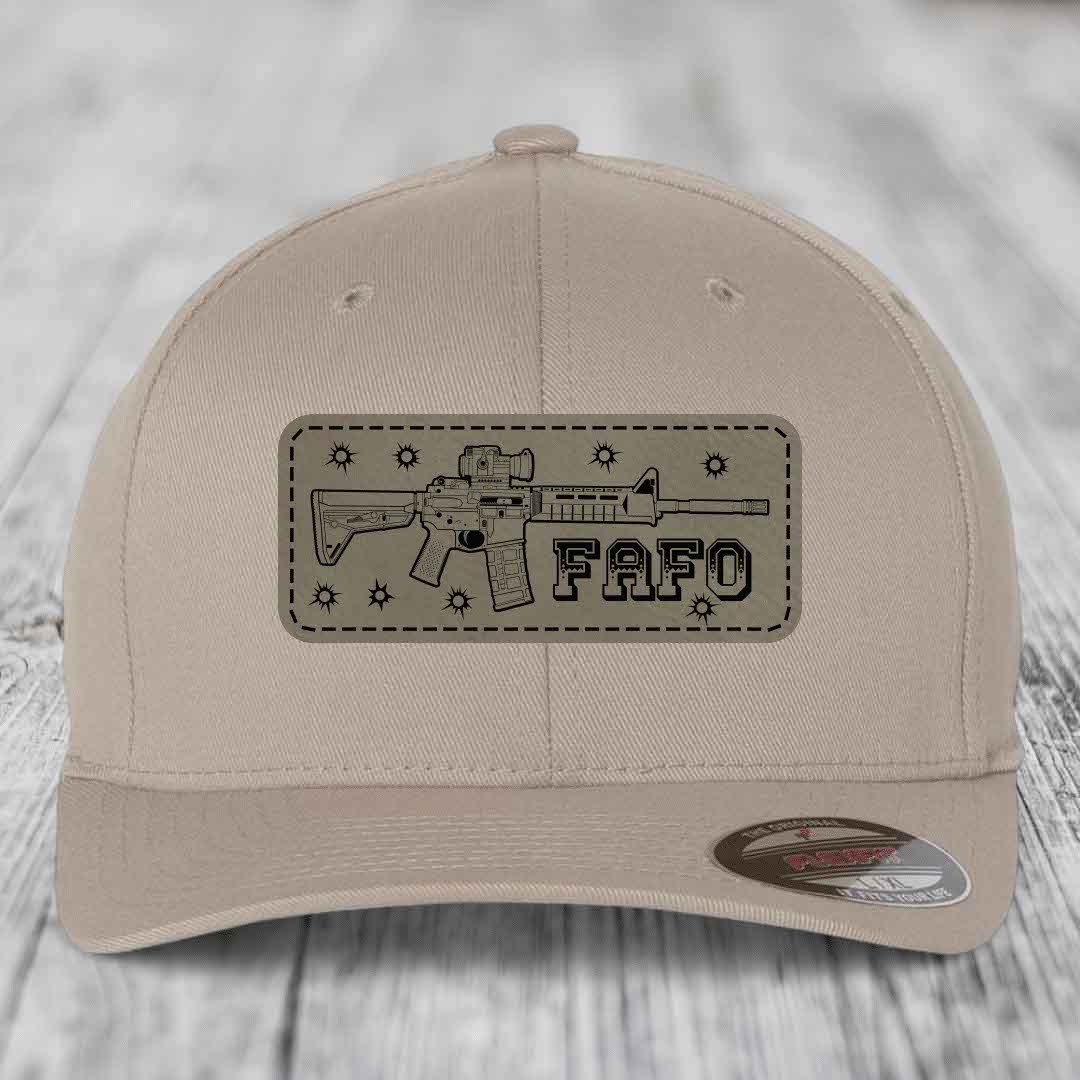 Ar15 Fafo - Leather Patch Hat - Light Brown to Black Patch - Flexfit 6277 Fitted Hat