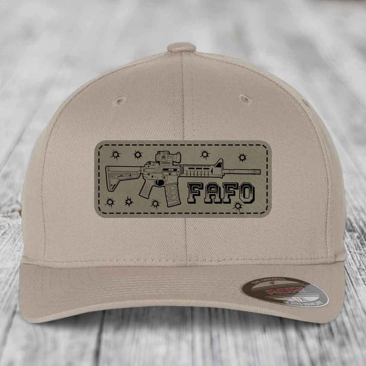 Ar15 Fafo - Leather Patch Hat - Light Brown to Black Patch - Flexfit 6277 Fitted Hat