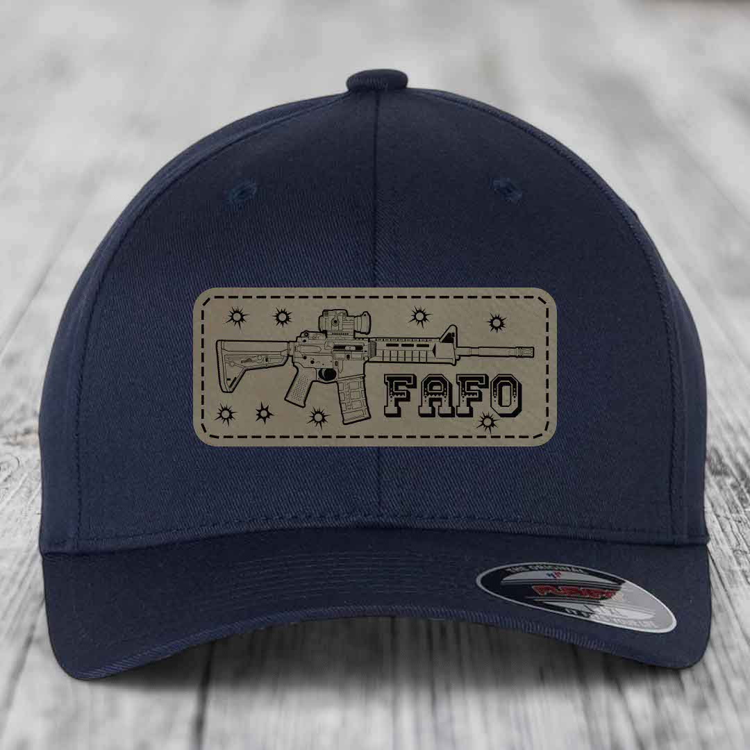Ar15 Fafo - Leather Patch Hat - Light Brown to Black Patch - Flexfit 6277 Fitted Hat