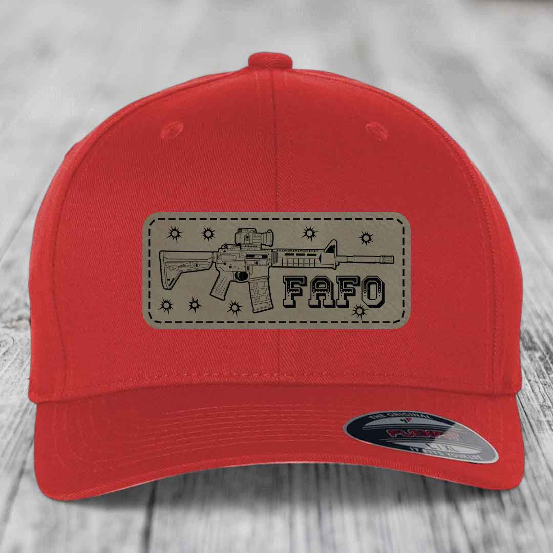 Ar15 Fafo - Leather Patch Hat - Light Brown to Black Patch - Flexfit 6277 Fitted Hat