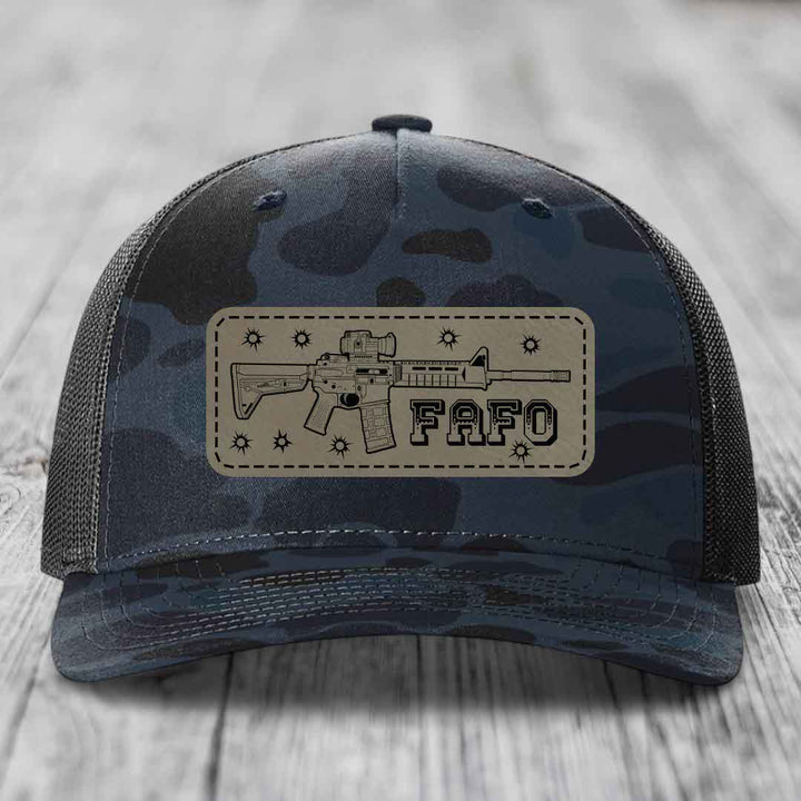 Ar15 Fafo - Leather Patch Hat - Light Brown to Black Patch - Richardson 112PFP Snapback Trucker Hat