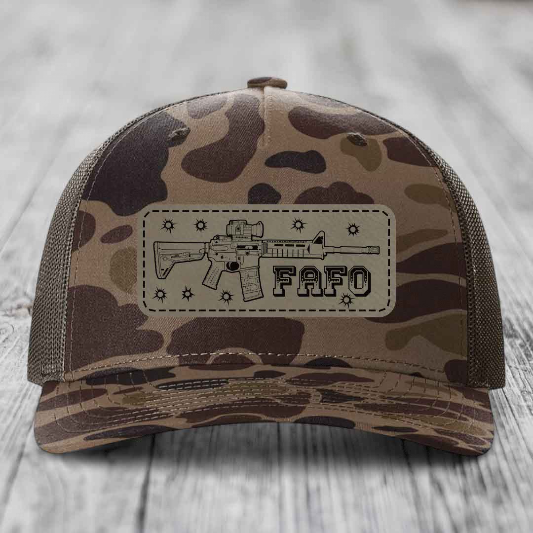 Ar15 Fafo - Leather Patch Hat - Light Brown to Black Patch - Richardson 112PFP Snapback Trucker Hat