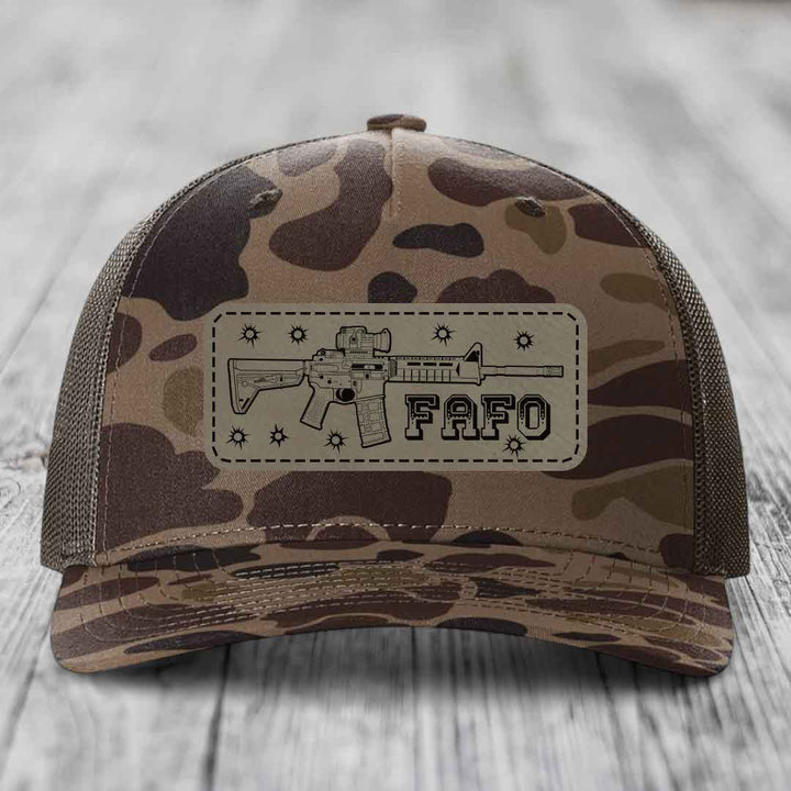 Ar15 Fafo - Leather Patch Hat - Light Brown to Black Patch - Richardson 112PFP Snapback Trucker Hat